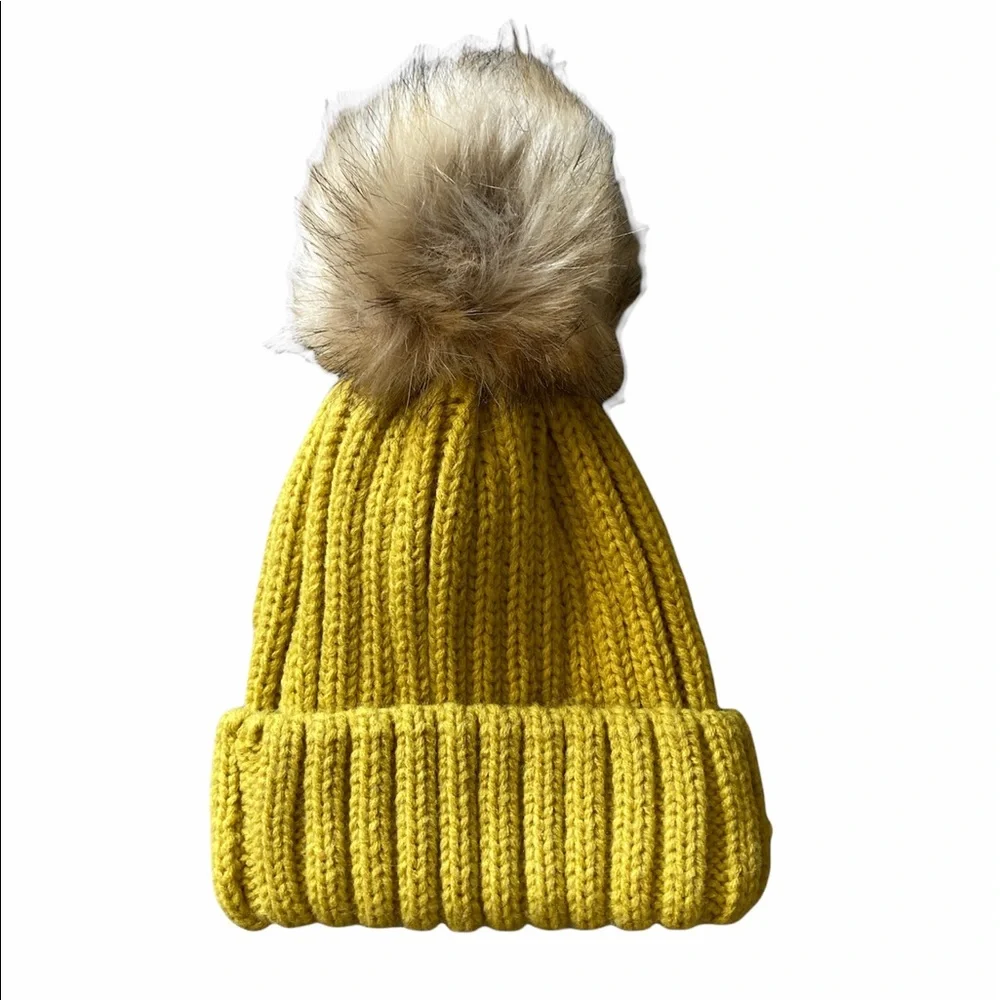 Furtalk Lined Hat Fur Pom Pom Cap Beanie Warm Comfy Winterwear Mustard Yellow